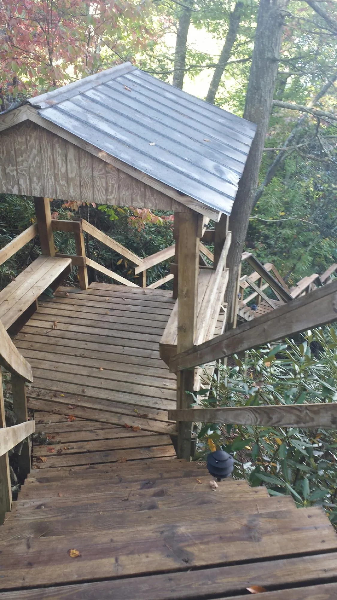 Metal roofed shelter over wooden steps on a wooded walkway — Skylight Repair & Installation work by our crew in Tehuacana